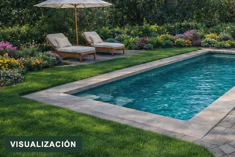Visualización de referencia, no es una foto: piscina rodeada de césped y jardines